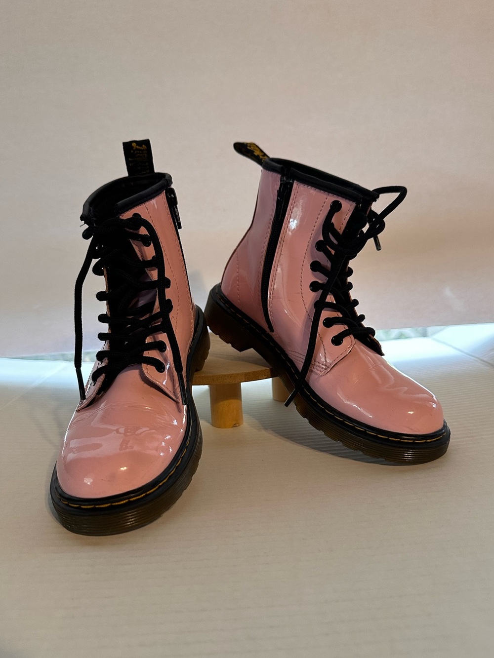 Dr. Martens Pink Patent Lace-Up side Sip Boots with Black Trim